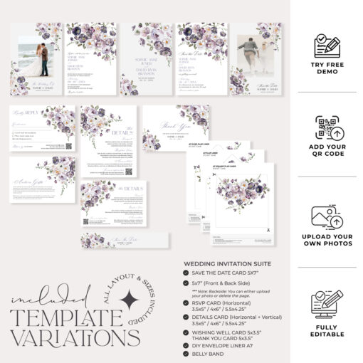 Purple Wedding Invitation Suite Template, QR Code Wedding Invitation Set, Violet Poppy Wedding Invite Save The Date Cards Printable E075