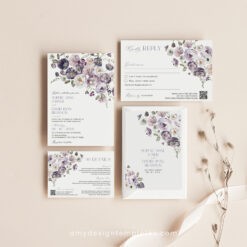 Purple Wedding Invitation Suite Template, QR Code Wedding Invitation Set, Violet Poppy Wedding Invite Save The Date Cards Printable E075