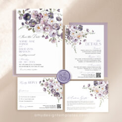 Purple Wedding Invitation Suite Template, QR Code Wedding Invitation Set, Violet Poppy Wedding Invite Save The Date Cards Printable E075