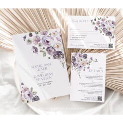 Purple Wedding Invitation Suite Template, QR Code Wedding Invitation Set, Violet Poppy Wedding Invite Save The Date Cards Printable E075