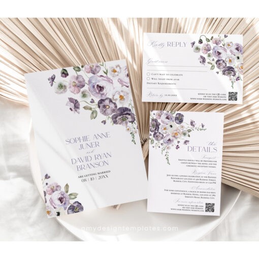 Purple Wedding Invitation Suite Template, QR Code Wedding Invitation Set, Violet Poppy Wedding Invite Save The Date Cards Printable E075