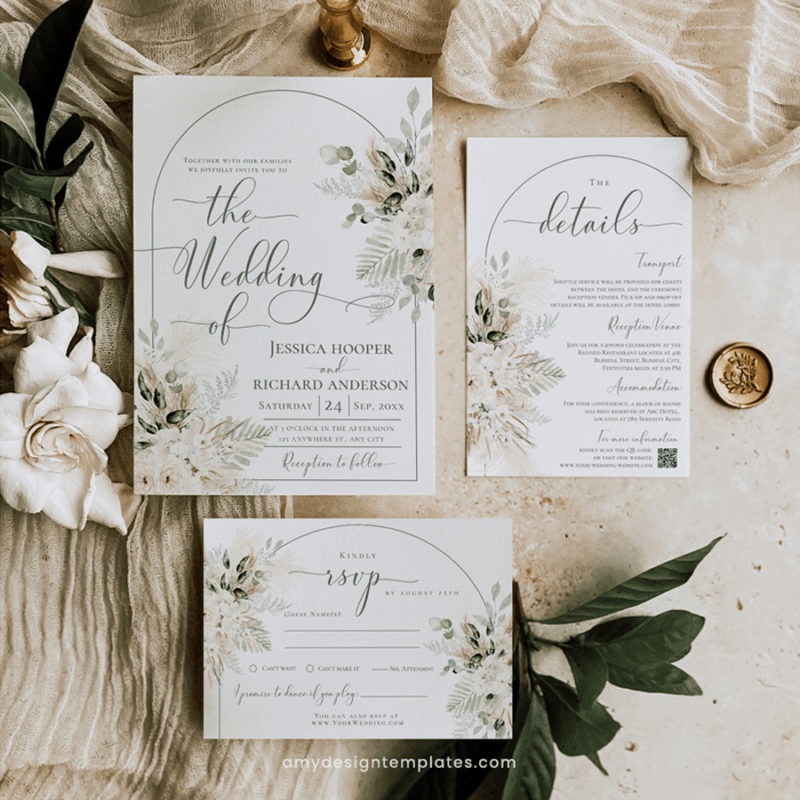 Boho Wedding Invitation Template – Green Pampas Grass Invite Set Green Wedding Invitation Templates, Boho Wedding Invitation Set Templates