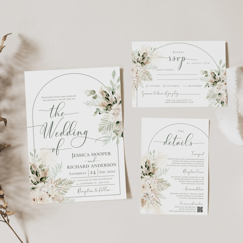 Boho Wedding Invitation Template – Green Pampas Grass Invite Set Green Wedding Invitation Templates, Boho Wedding Invitation Set Templates