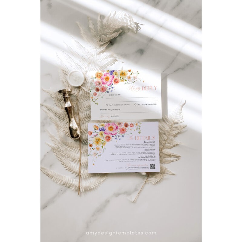 Floral Garden Wedding Invitation Suite – Editable Bright Floral Template Editable floral garden wedding enclosure and RSVP card templates with bright watercolor flowers, printable details and response cards.