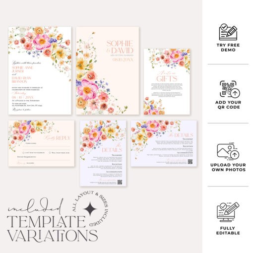 Floral Garden Wedding Invitation Template Editable, Bright Floral Wedding Invitation Set