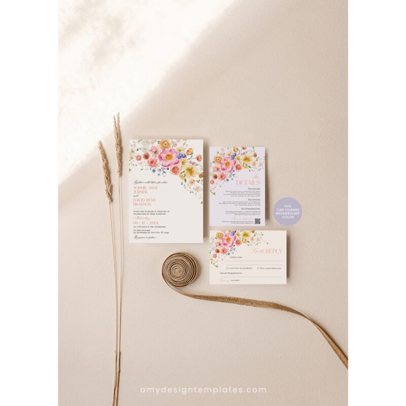 Floral Garden Wedding Invitation Suite – Editable Bright Floral Template Editable colorful floral garden wedding invitation set with bright flowers, matching RSVP, details card, and save the date card, printable stationery.