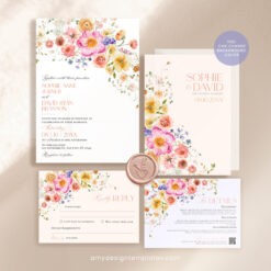 Floral Garden Wedding Invitation Template Editable, Bright Floral Wedding Invitation Set