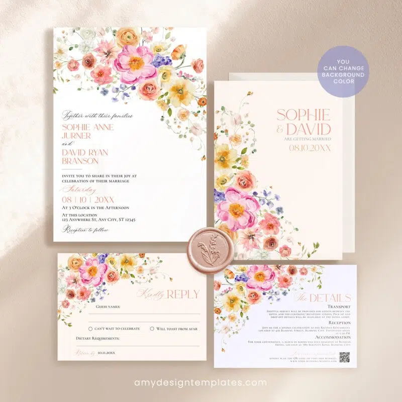 Printable floral garden wedding invitation suite with vibrant colorful flowers, editable wedding invite, RSVP card, and matching details cards.