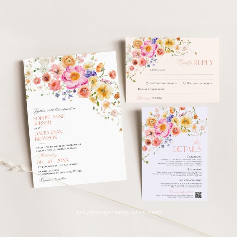 Floral Garden Wedding Invitation Suite – Editable Bright Floral Template Bright floral garden wedding invitation suite featuring colorful flowers and elegant botanical designs, editable printable template.