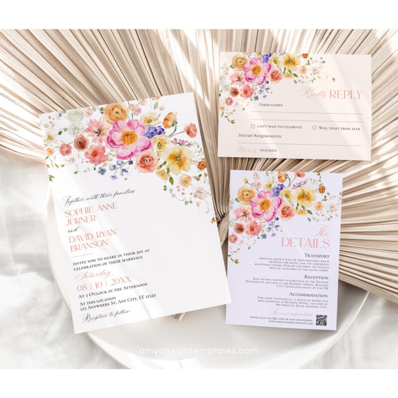 Floral Garden Wedding Invitation Suite – Editable Bright Floral Template Bright floral garden wedding invitation suite featuring colorful flowers and elegant botanical designs, editable printable template.