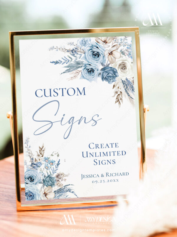 Blue Floral Printable Custom Table Signs | Editable Sign Templates