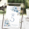 Blue Wedding Table Numbers Printable | Editable Floral Table Number Template