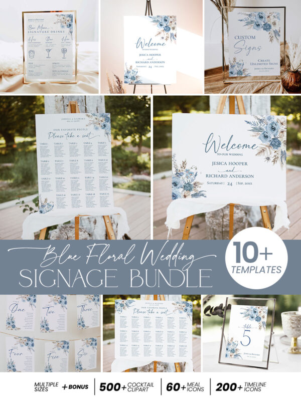 Boho Blue Wedding Signage Templates Bundle | Blue Wedding Reception Signs Printable