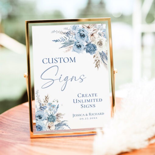 Boho Custom Sign Template, Bohemian Blue Wedding Sign, Blue Pampas Grass Shower Sign Personalized Signage Printable D018 Amy Design Templates