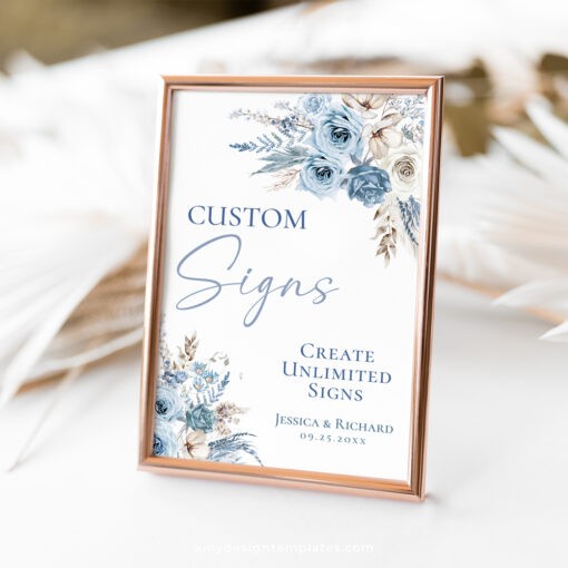 Boho Custom Sign Template, Bohemian Blue Wedding Sign, Blue Pampas Grass Shower Sign Personalized Signage Printable D018 Amy Design Templates