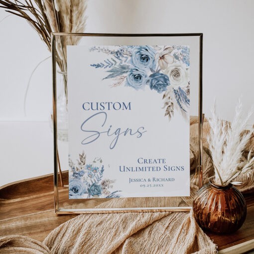 Boho Custom Sign Template, Bohemian Blue Wedding Sign, Blue Pampas Grass Shower Sign Personalized Signage Printable D018 Amy Design Templates