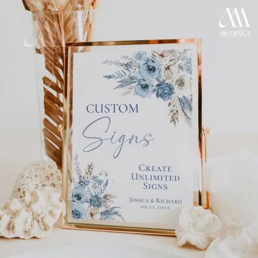 Boho Custom Sign Template, Bohemian Blue Wedding Sign, Blue Pampas Grass Shower Sign Personalized Signage Printable D018 Amy Design Templates