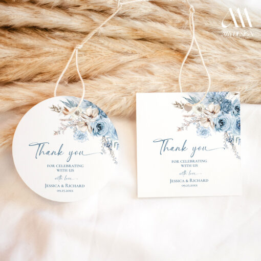 Blue Favor Tag Template, Dusty Blue Thank you Tags, Printable Wedding favor gift tag Editable template D018 Amy Design Templates