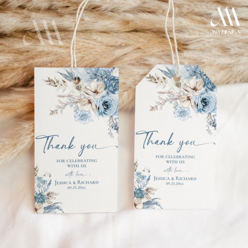 Blue Favor Tag Template, Dusty Blue Thank you Tags, Printable Wedding favor gift tag Editable template D018 Amy Design Templates