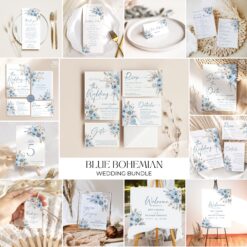 Blue Wedding Suite Template Bundle, Bohemian Wedding Invitation Template Bundle, Dusty Blue Wedding Bundle Invitations Template D018 Amy Design Templates