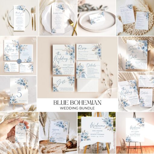 Blue Wedding Suite Template Bundle, Bohemian Wedding Invitation Template Bundle, Dusty Blue Wedding Bundle Invitations Template D018 Amy Design Templates