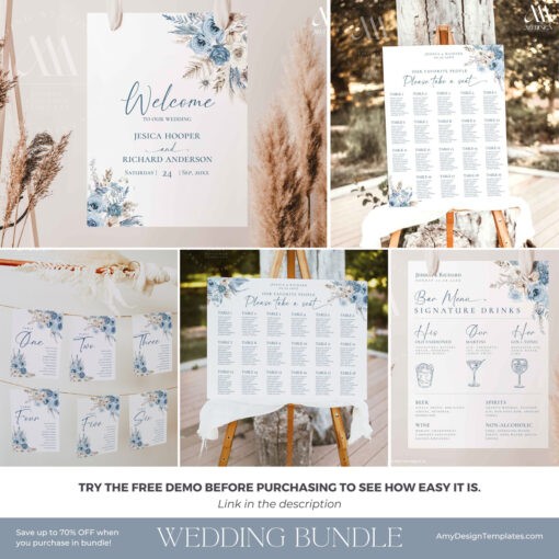 Blue Wedding Suite Template Bundle, Bohemian Wedding Invitation Template Bundle, Dusty Blue Wedding Bundle Invitations Template D018 Amy Design Templates