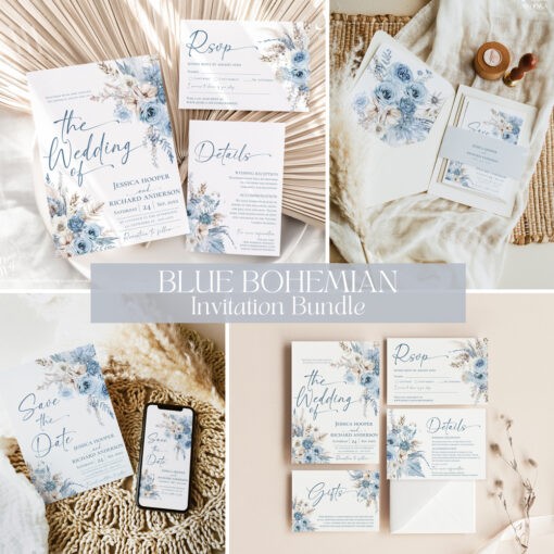 Dusty Blue Boho Wedding Suite Template Bundle, Blue Wedding Invitations Template Bundle, Blue Wedding Stationery Bundle Template D018 Amy Design Templates