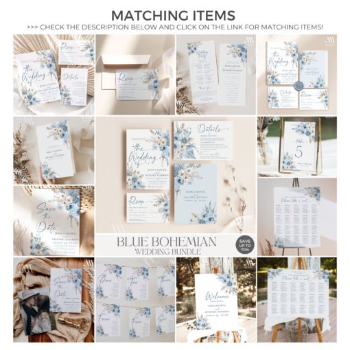 Dusty Blue Boho Wedding Invitations Bundle Template, Blue Wedding Stationery Bundle Amy Design Templates