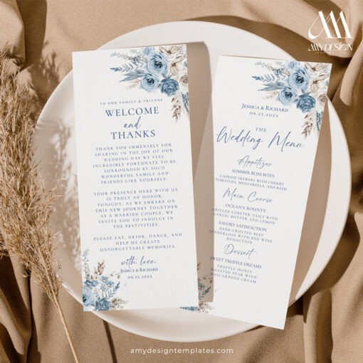 Blue Menu Template, Editable Dusty Blue Wedding Menu Place Card, Desert Wedding Dinner Menu Napkin Thank You Note Printable Boho D018 Amy Design Templates