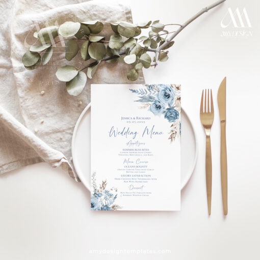 Blue Menu Template, Editable Dusty Blue Wedding Menu Place Card, Desert Wedding Dinner Menu Napkin Thank You Note Printable Boho D018 Amy Design Templates