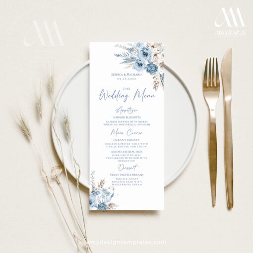 Blue Menu Template, Editable Dusty Blue Wedding Menu Place Card, Desert Wedding Dinner Menu Napkin Thank You Note Printable Boho D018 Amy Design Templates