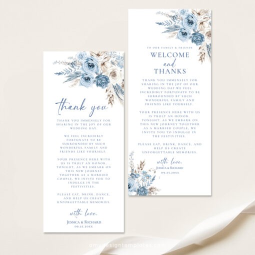 Blue Wedding Napkin Note Place Setting Cards, Dusty Blue Wedding Thank You Card Template, Bohemian Wedding Menu Thank You Note D018 Amy Design Templates