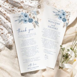 Blue Wedding Napkin Note Place Setting Cards, Dusty Blue Wedding Thank You Card Template, Bohemian Wedding Menu Thank You Note D018 Amy Design Templates