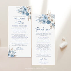 Blue Wedding Napkin Note Place Setting Cards, Dusty Blue Wedding Thank You Card Template, Bohemian Wedding Menu Thank You Note D018 Amy Design Templates