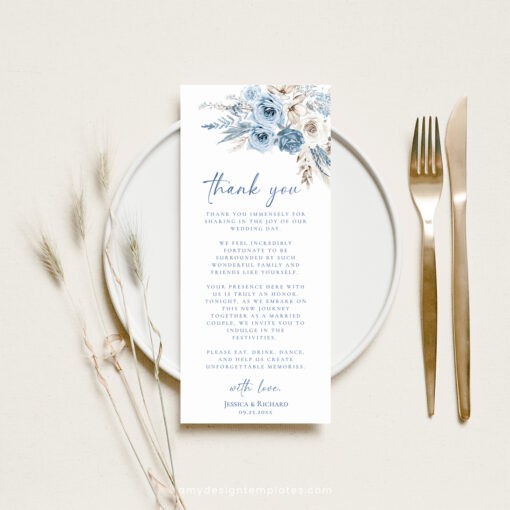 Blue Wedding Napkin Note Place Setting Cards, Dusty Blue Wedding Thank You Card Template, Bohemian Wedding Menu Thank You Note D018 Amy Design Templates