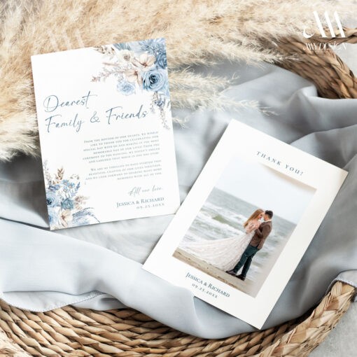 Floral Wedding Thank You Card, Dusty Blue Wedding Photo Thank You Card, Wedding Thank You Card, Printable Wedding Cards D018 Amy Design Templates