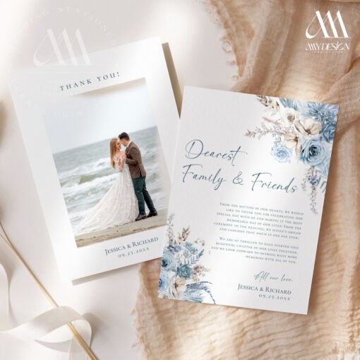 Floral Wedding Thank You Card, Dusty Blue Wedding Photo Thank You Card, Wedding Thank You Card, Printable Wedding Cards D018 Amy Design Templates