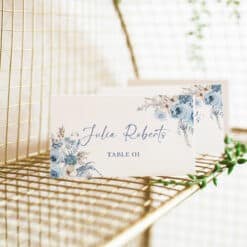 Blue Wedding Place Cards Printable Template, Floral Wedding Place Card Template with Meal Icon, Escort Cards D018 Amy Design Templates