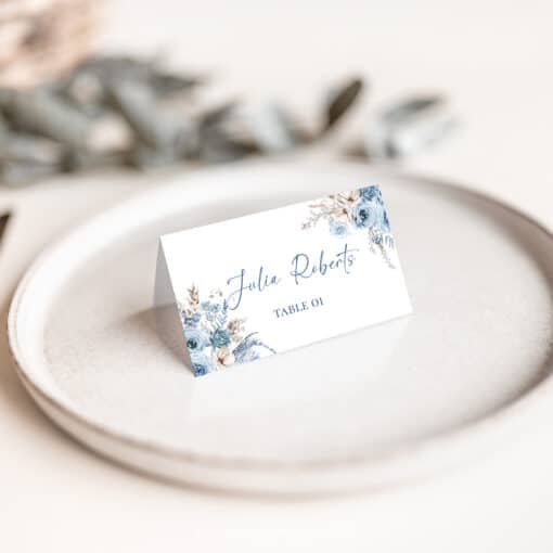 Blue Wedding Place Cards Printable Template, Floral Wedding Place Card Template with Meal Icon, Escort Cards D018 Amy Design Templates