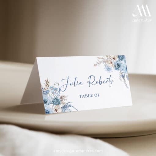 Blue Wedding Place Cards Printable Template, Floral Wedding Place Card Template with Meal Icon, Escort Cards D018 Amy Design Templates