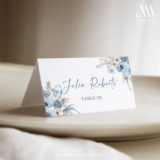 Blue Wedding Place Cards Printable Template, Floral Wedding Place Card Template with Meal Icon, Escort Cards D018 Amy Design Templates