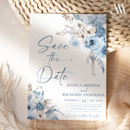 Blue Save The Date Cards, Boho Save The Date Template Editable, Bohemian Blue Save the Date Printable Download D018 Amy Design Templates