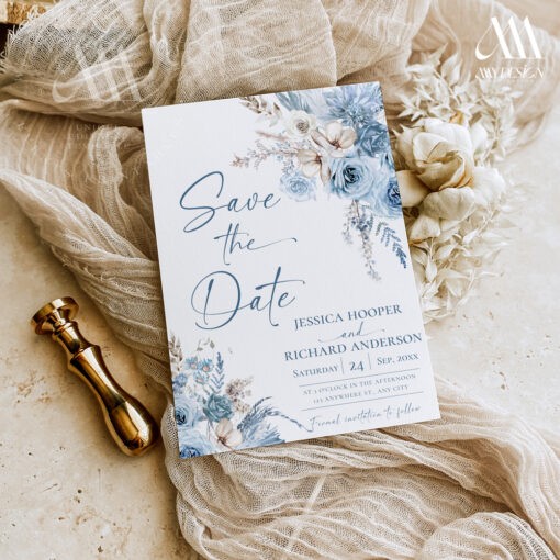 Blue Save The Date Cards, Boho Save The Date Template Editable, Bohemian Blue Save the Date Printable Download D018 Amy Design Templates