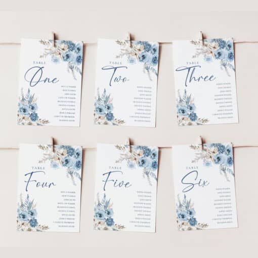 Dusty Blue Seating Chart Cards, Bohemian Seating Chart Template, Blue Wedding Table Seating Chart Template, Seating Cards D018 Amy Design Templates