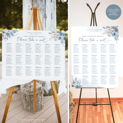 Boho Blue Seating Chart, Find Your Seat Sign Template, Blue Wedding Seating Chart Template, Seating Chart Poster Printable D018 Amy Design Templates