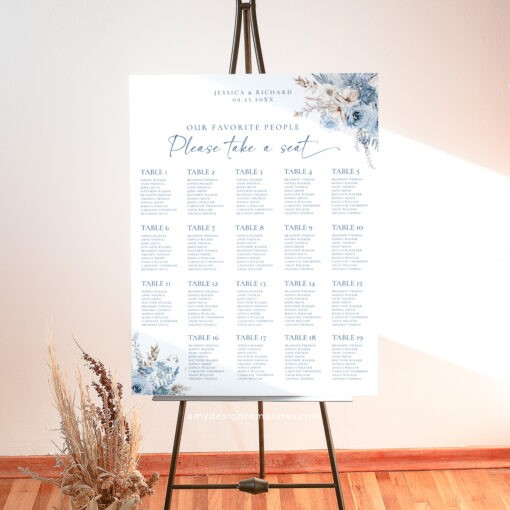 Boho Blue Seating Chart, Find Your Seat Sign Template, Blue Wedding Seating Chart Template, Seating Chart Poster Printable D018 Amy Design Templates