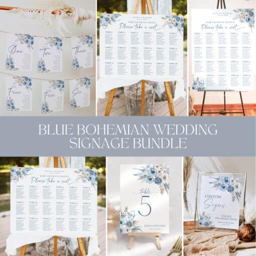 Boho Dusty Blue Wedding Bundle, Bohemian Wedding Signs Template Bundle, Wedding Receptions, Blue Wedding Signage Bundles D018 Amy Design Templates