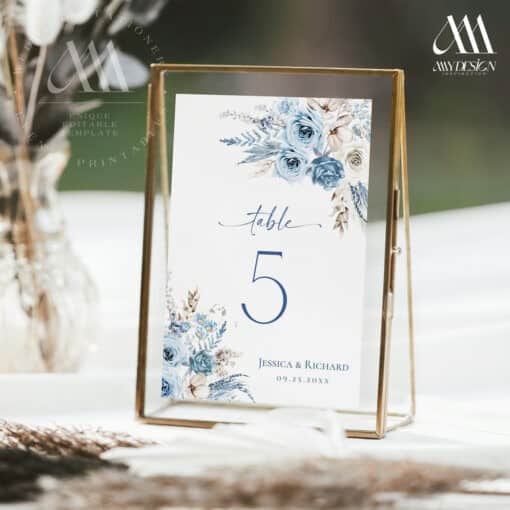 Boho Dusty Blue Table Number Sign, Table Card Template, Bridal Shower Table Number, Wedding Number Cards D018 Amy Design Templates