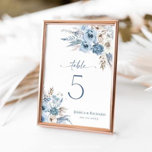 Boho Dusty Blue Table Number Sign, Table Card Template, Bridal Shower Table Number, Wedding Number Cards D018 Amy Design Templates