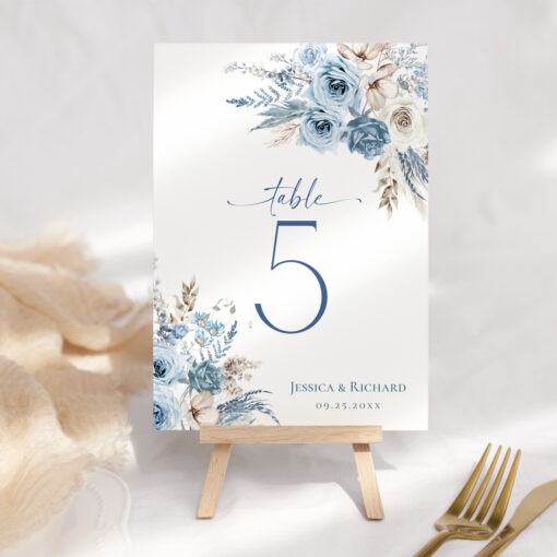 Boho Dusty Blue Table Number Sign, Table Card Template, Bridal Shower Table Number, Wedding Number Cards D018 Amy Design Templates